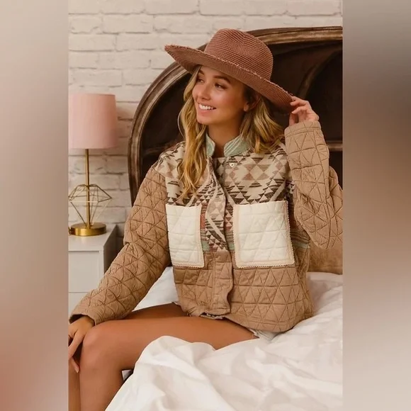 Tan Mixed Aztec Tribal Raw Hem Puffer stitch cotton Quilted Zip Jacket coat - Picture 4 of 8